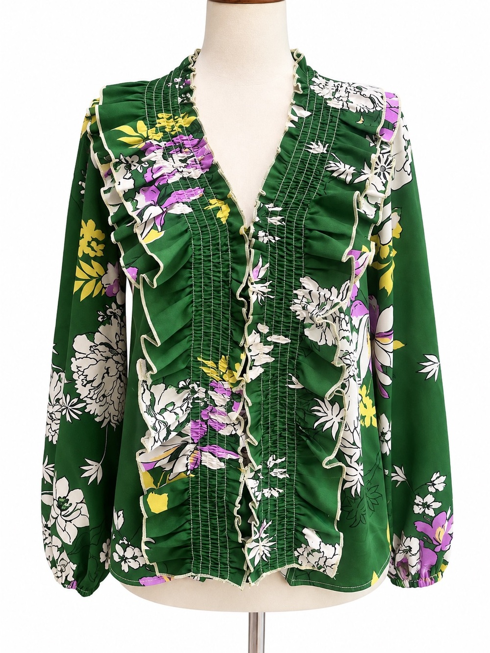entro Green Floral Ruffle Smocked Blouse Small Top Long Sleeve